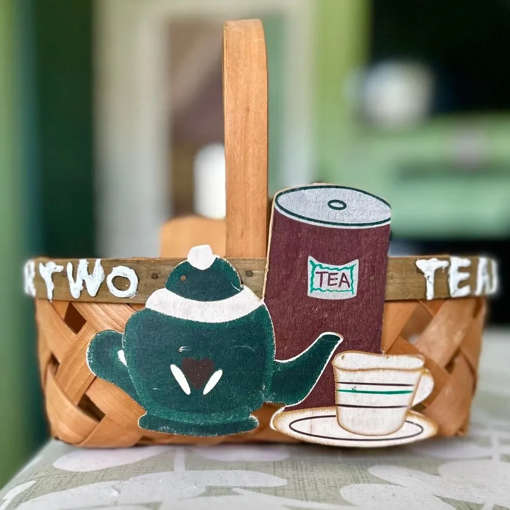 VTG Rustic Tea for Two Woven Basket With Handle Cottagecore Accent